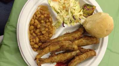 The smelt dinner plate - fried smelt, cole slaw, beans, and a dinner roll, not pictured is the delicious blueberry cobbler with whipped cream that was included